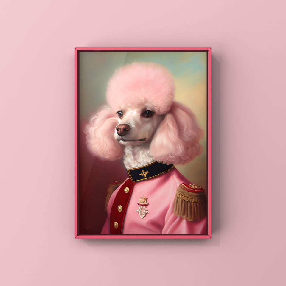 Anthropomorphic poodle wearing 18th century pink military uniform, representing 'The Pup Parade' collection header.